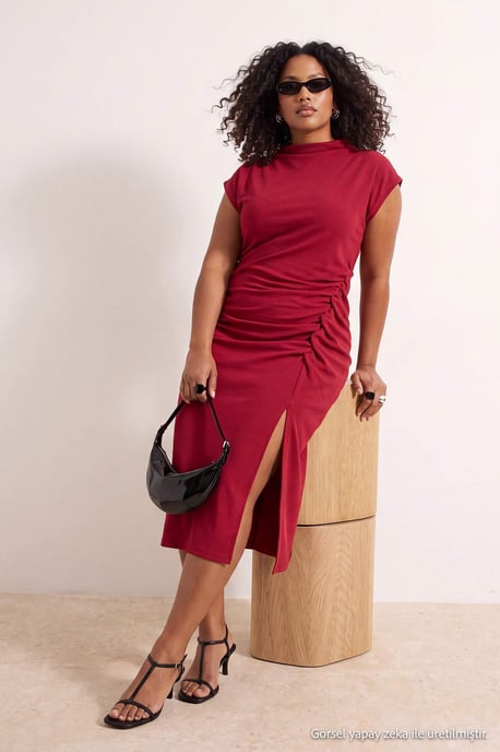 Trendyol Curve Dames Bordeaux Effen Midi Mouwloos Feest Bodycon Grote maten Jurk - Image 6