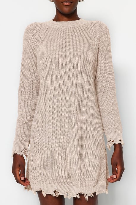 TRENDYOLMİLLA Dames Beige Effen Extra Kort / Super Mini Lang Casual Recht Jurken - Image 4
