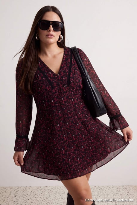 Trendyol Curve Dames Bordeaux Bloemen Kort / Mini Lang A-lijn Grote maten Jurk - Image 2