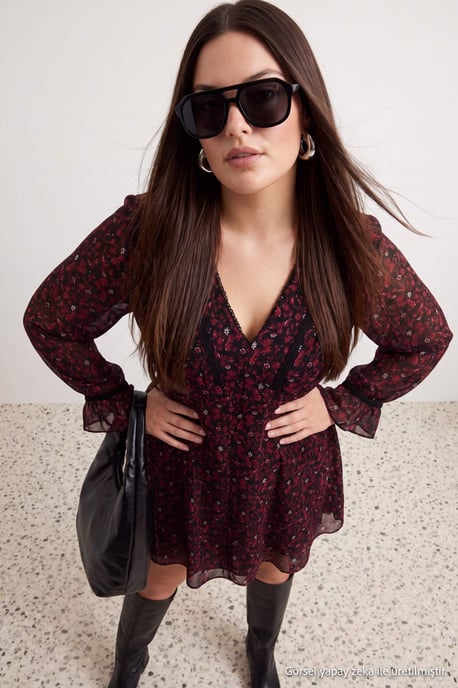 Trendyol Curve Dames Bordeaux Bloemen Kort / Mini Lang A-lijn Grote maten Jurk - Image 3