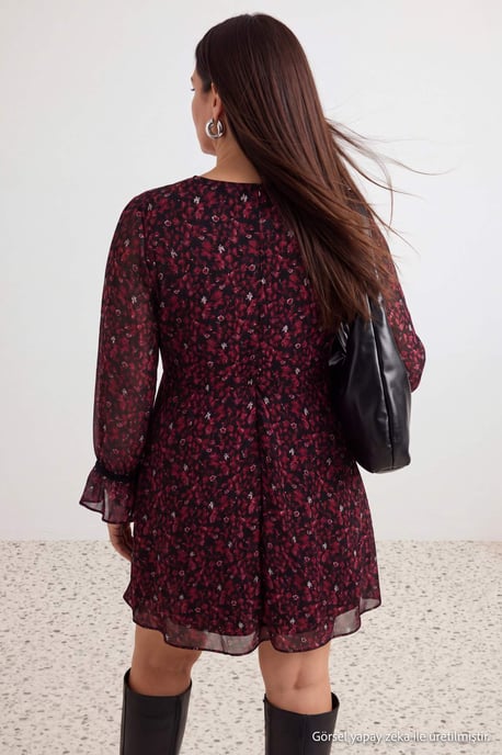 Trendyol Curve Dames Bordeaux Bloemen Kort / Mini Lang A-lijn Grote maten Jurk - Image 4
