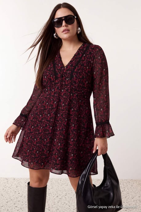 Trendyol Curve Dames Bordeaux Bloemen Kort / Mini Lang A-lijn Grote maten Jurk - Image 6