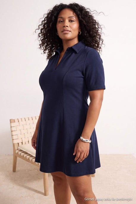 Trendyol Curve Dames Donkerblauw Effen Kort / Mini Driekwart mouw A-lijn Grote maten Jurk - Image 1