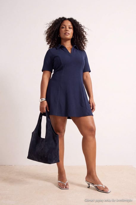 Trendyol Curve Dames Donkerblauw Effen Kort / Mini Driekwart mouw A-lijn Grote maten Jurk - Image 2