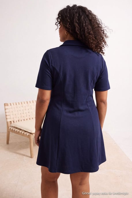 Trendyol Curve Dames Donkerblauw Effen Kort / Mini Driekwart mouw A-lijn Grote maten Jurk - Image 3