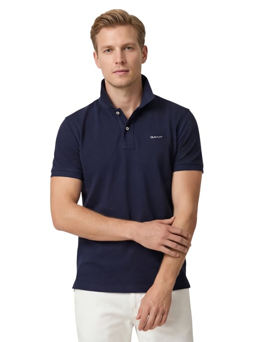 Gant polo donkerblauw effen katoen wijde fit 2-knoops - Image 1