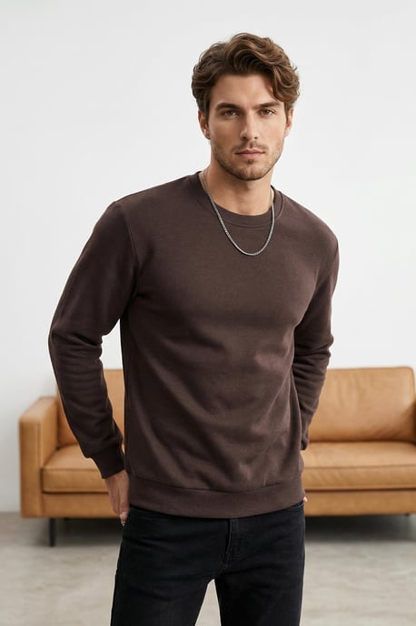 TRENDYOL MAN Heren Bruin Effen Lang Regular fit Sweatshirts - Image 1