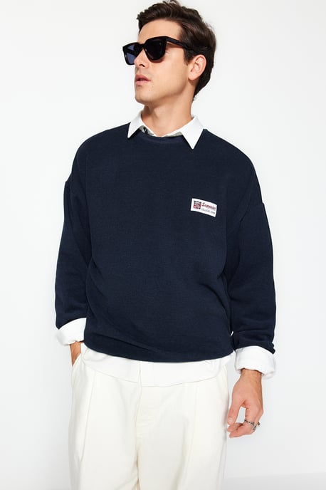 TRENDYOL MAN Heren Donkerblauw Slogan Lang Oversized Sweatshirts - Image 2