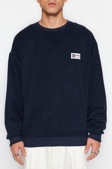 TRENDYOL MAN Heren Donkerblauw Slogan Lang Oversized Sweatshirts - Image 3