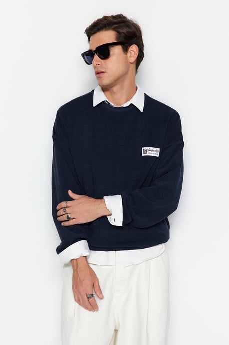 TRENDYOL MAN Heren Donkerblauw Slogan Lang Oversized Sweatshirts - Image 6