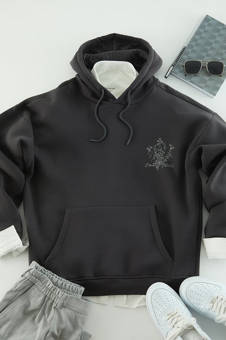 TRENDYOL MAN Heren Grijs Bloemen Lang Oversized Sweatshirts - Image 6