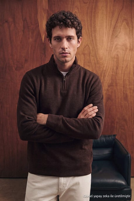 TRENDYOL MAN Heren Bruin Effen Lang Regular fit Sweatshirts - Image 2