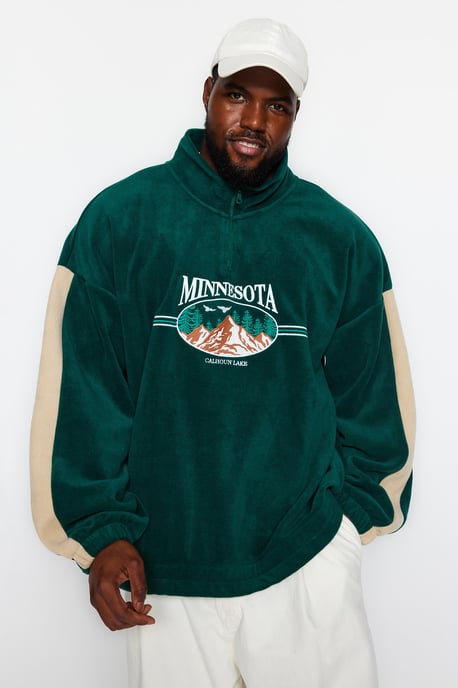 TRENDYOL MAN Heren Groen Slogan Lang Oversized Grote maten Sweatshirts - Image 2