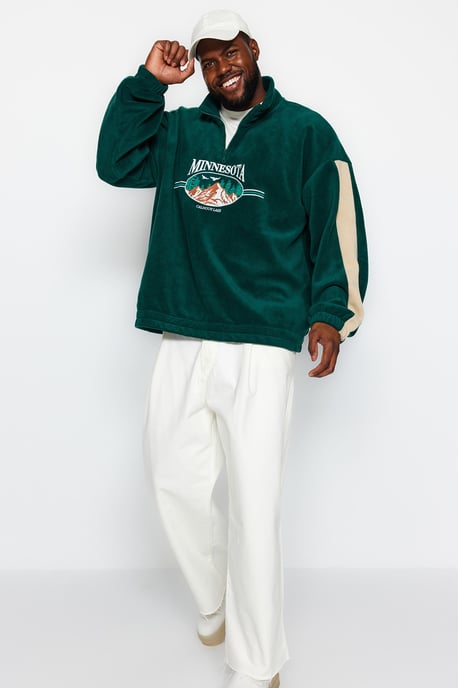 TRENDYOL MAN Heren Groen Slogan Lang Oversized Grote maten Sweatshirts - Image 6