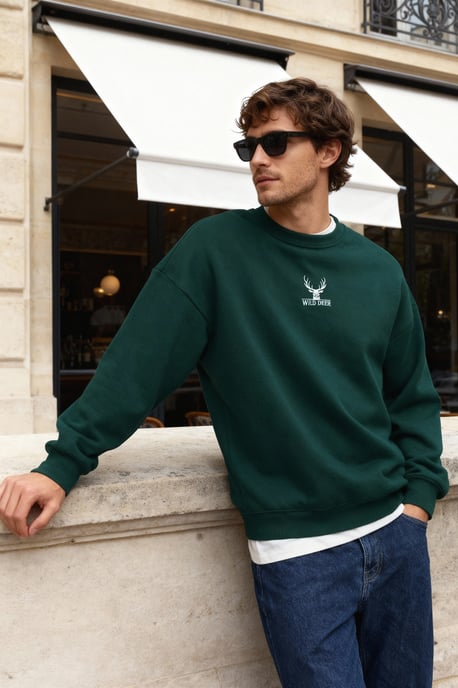 TRENDYOL MAN Heren Groen Dierenprint Lang Oversized Sweatshirts - Image 1