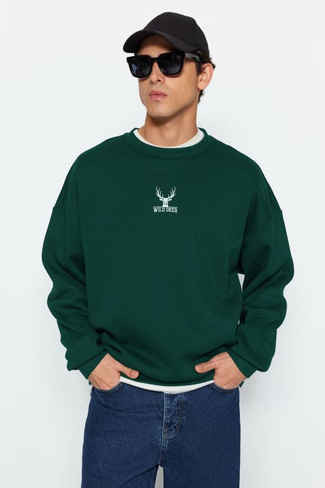 TRENDYOL MAN Heren Groen Dierenprint Lang Oversized Sweatshirts - Image 2