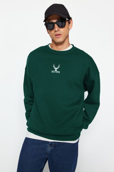 TRENDYOL MAN Heren Groen Dierenprint Lang Oversized Sweatshirts - Image 3