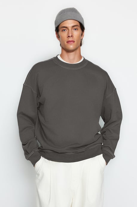 TRENDYOL MAN Heren Grijs Effen Lang Oversized Sweatshirts - Image 1