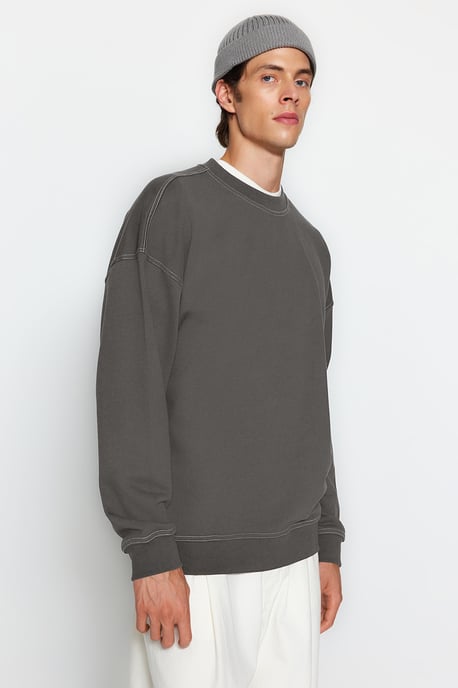 TRENDYOL MAN Heren Grijs Effen Lang Oversized Sweatshirts - Image 2