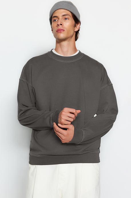 TRENDYOL MAN Heren Grijs Effen Lang Oversized Sweatshirts - Image 6