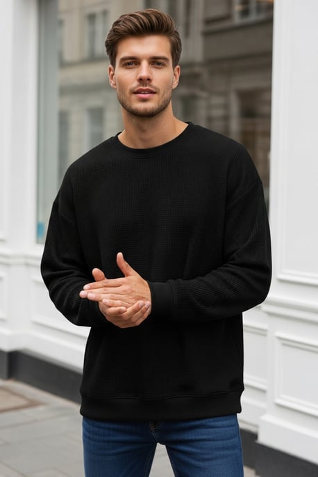 TRENDYOL MAN Heren Zwart Effen Lang Oversized Sweatshirts - Image 1