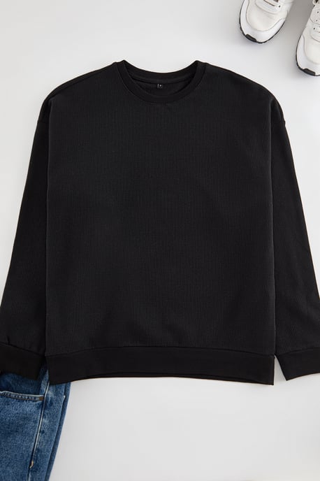 TRENDYOL MAN Heren Zwart Effen Lang Oversized Sweatshirts - Image 3