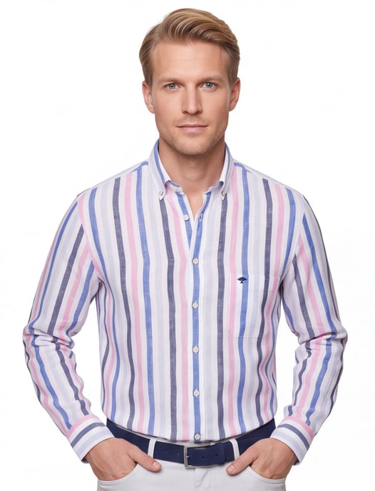 linnen Fynch-Hatton overhemd blauw gestreept met borstzak - Image 1