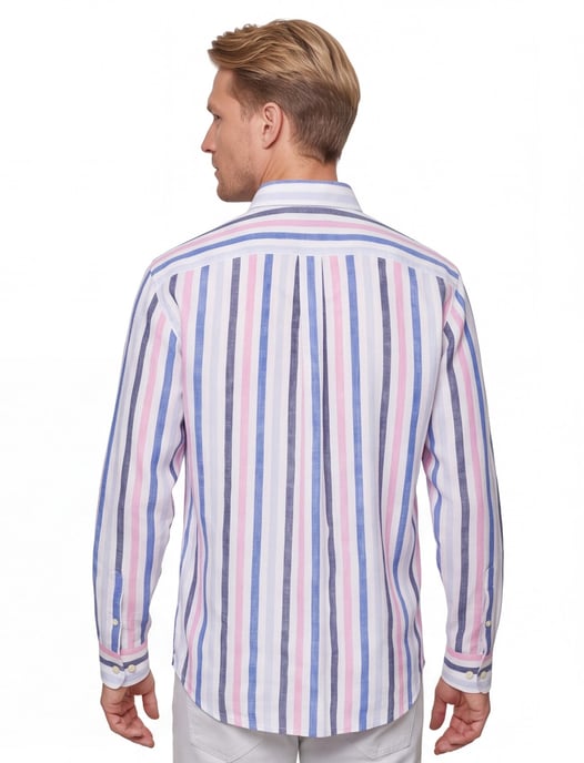 linnen Fynch-Hatton overhemd blauw gestreept met borstzak - Image 2