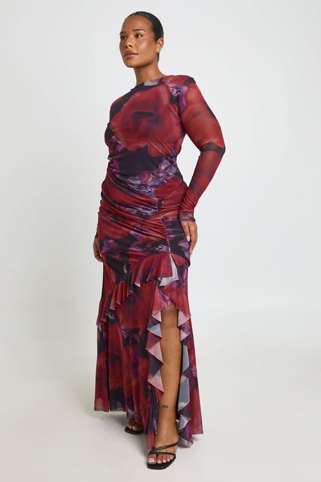 Boohoo Plus maxi-jurk van mesh met bloemenprint, ruches en plooien - Image 1