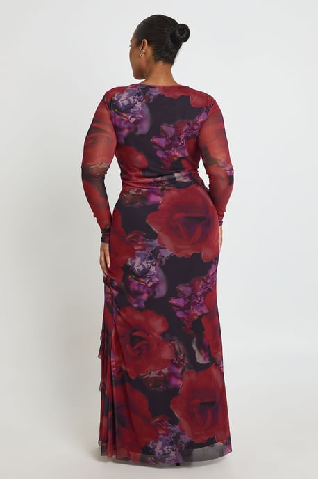 Boohoo Plus maxi-jurk van mesh met bloemenprint, ruches en plooien - Image 2