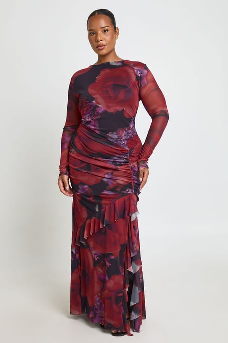 Boohoo Plus maxi-jurk van mesh met bloemenprint, ruches en plooien - Image 3