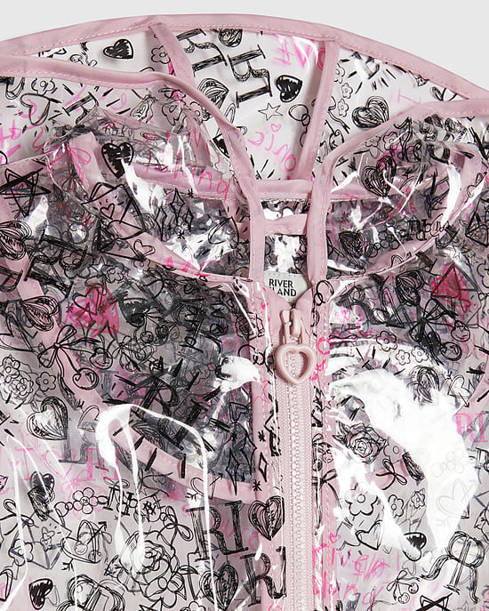 River Island Mini-regenjas voor meisjes, zwart met graffiti-print, capuchon en ritssluiting - Image 2