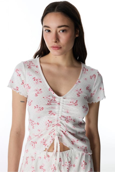 Blossom Pointel gebloemd pyjamashirt met korte mouwen - Image 1