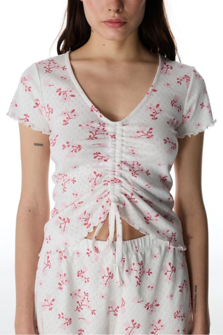 Blossom Pointel gebloemd pyjamashirt met korte mouwen - Image 2