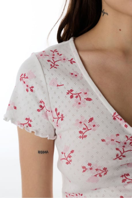 Blossom Pointel gebloemd pyjamashirt met korte mouwen - Image 3