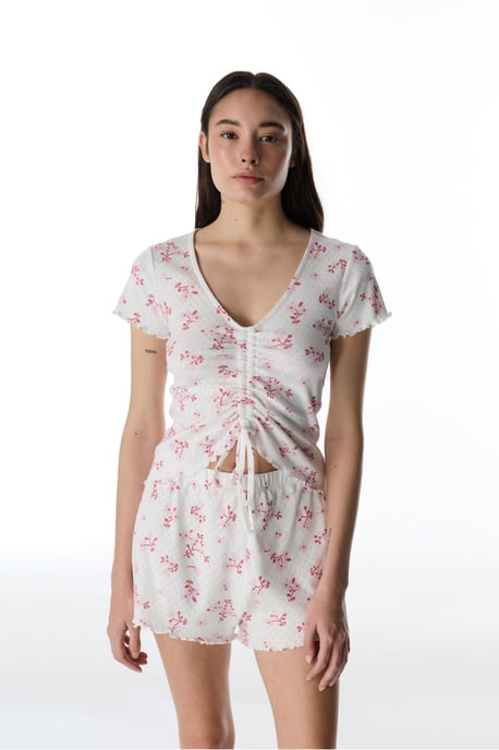 Blossom Pointel gebloemd pyjamashirt met korte mouwen - Image 4
