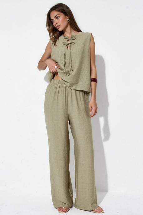 Set van een blouse van viscosemix met strikdetail en een broek met elastische taille - Image 1