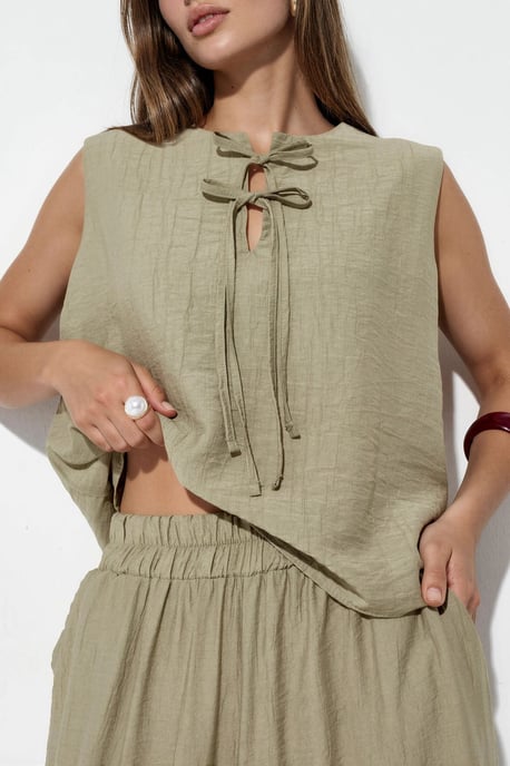 Set van een blouse van viscosemix met strikdetail en een broek met elastische taille - Image 4