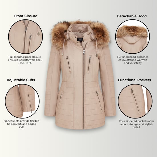 Beige gewatteerde leren parka voor dames - Winton - Image 3