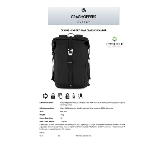 Craghoppers Kiwi Classic Roll Top rugzak (Zwart) - Image 5