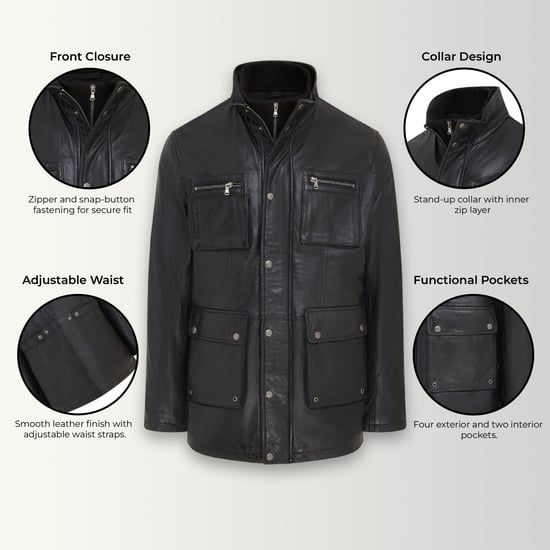Heren zwarte leren militaire jas - Buitenjas - Veld - Image 3