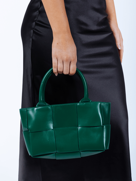 Woven Faux Leather Grab Bag in Green - Image 2