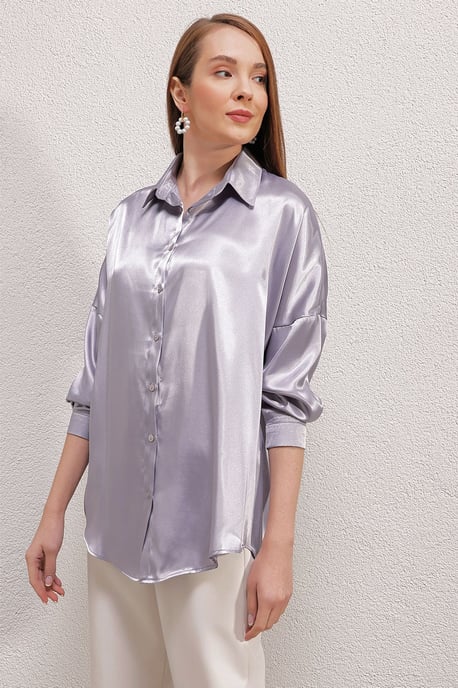 Overgrote Satijnen Knop-Front Shirt - Image 2