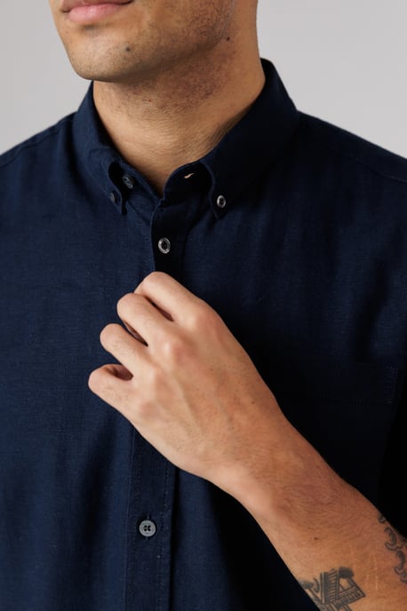 Navy Linen Blend Short Sleeve Chest Pocket Shirt - Image 3