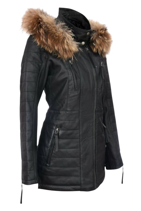 Zwarte gewatteerde leren parka voor dames - Winton - Image 4