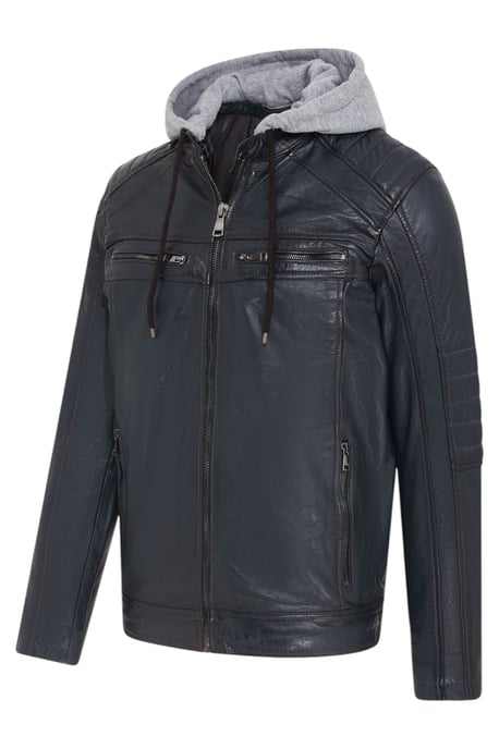 Heren blauwe capuchon biker lamsleren jas - Kingston - Image 4