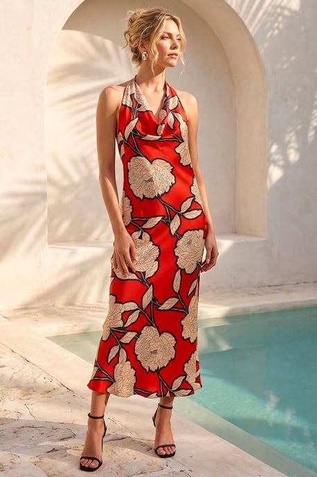 Floral Print Satin Bias Cut Bodycon Dress - Image 1