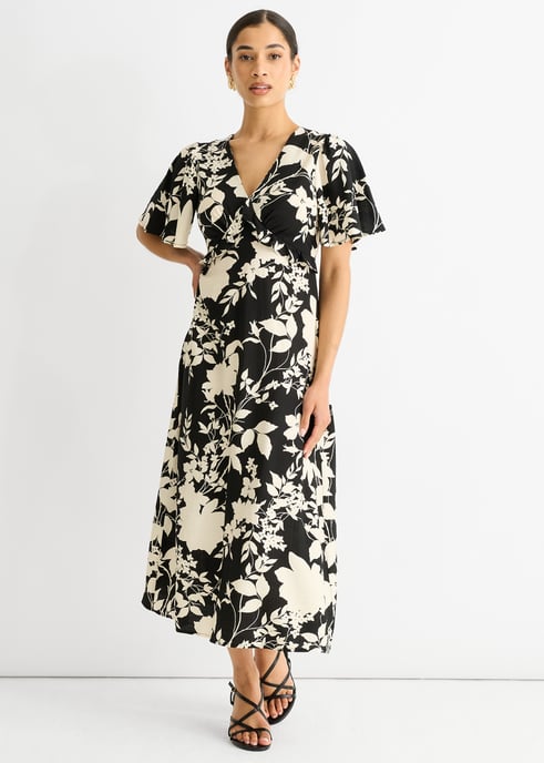 Mono V-hals viscose midi-jurk met ruches - Image 1