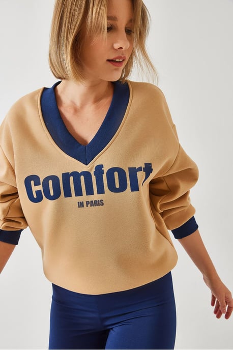 V-hals Gebreid Sweatshirt met Motto Print - Image 2
