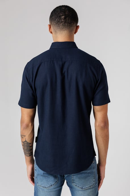 Navy Linen Blend Short Sleeve Chest Pocket Shirt - Image 2